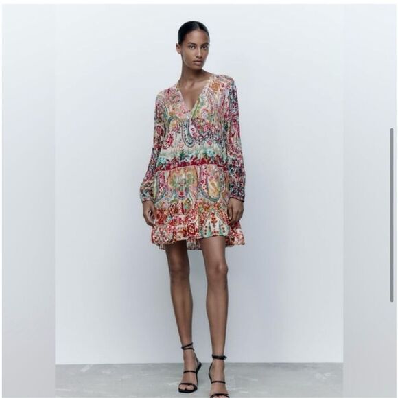 Zara Boho Metallic Thread Printed Festival Dress sz XS TikTok EUC - Picture 3 of 13